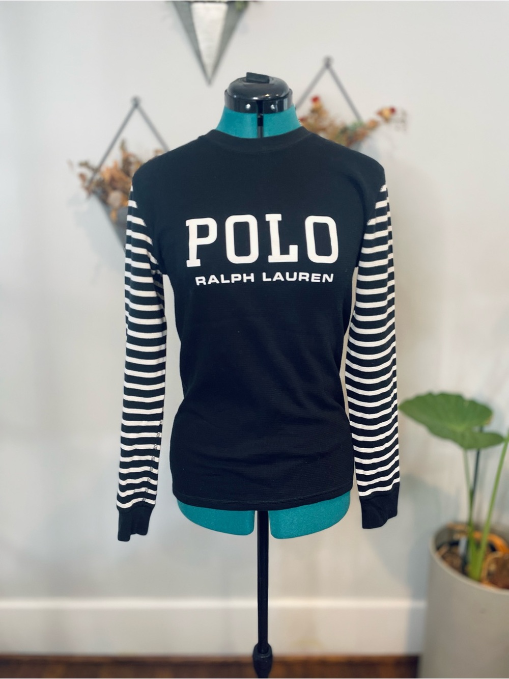 Polo by Ralph Lauren Black & White Striped Sleeve Logo Long Sleeve Top